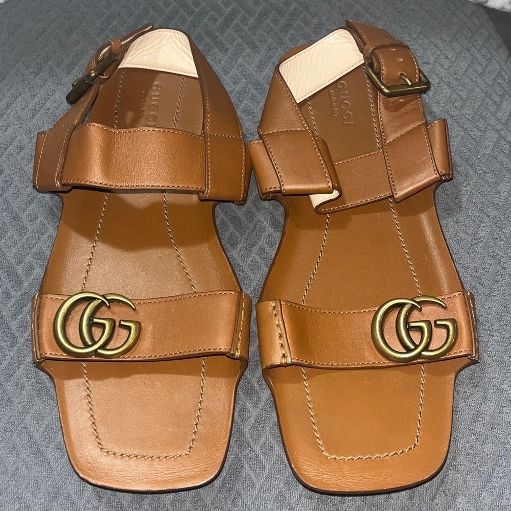 RARE SET Gucci Marmont Tan Leather Flat Sandals Size 39 / US 9 + Rainbow Dustbag - Picture 2 of 15